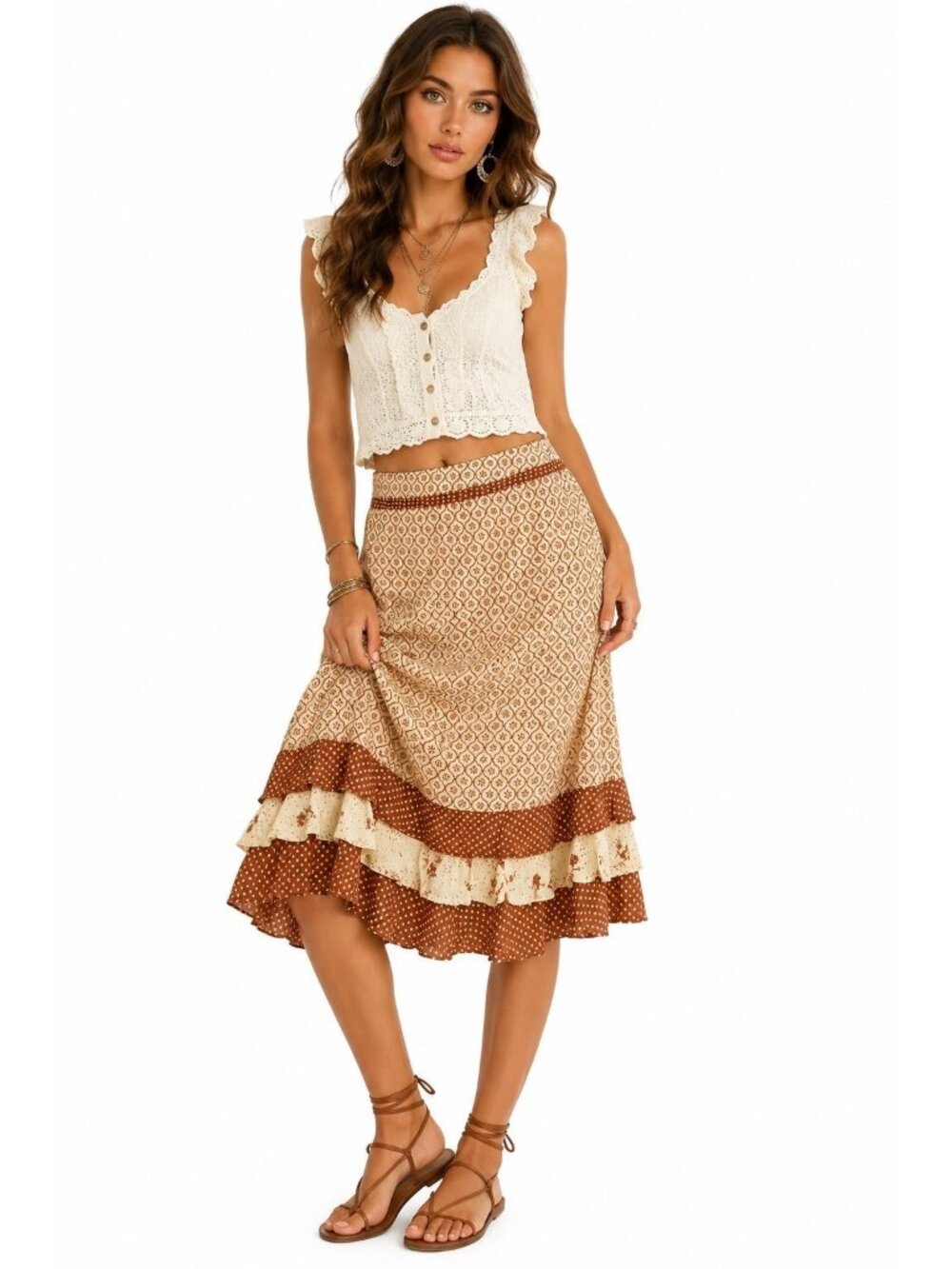Vintage Moaakt Prairie Cottagecore Ruffle Midi Skirt Brown Cream Women's L